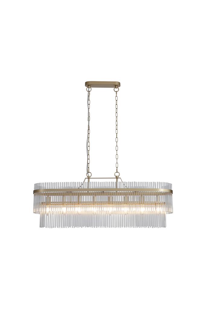 Lara 98cm Børstet guld krystal Fra Searchlight - Den ovale metalramme med en børstet guldfinish er udsmykket med klare glasstænger, der ligesom prismer fanger og reflekterer lyset og skaber et blødt og atmosfærisk lysbillede i rummet.