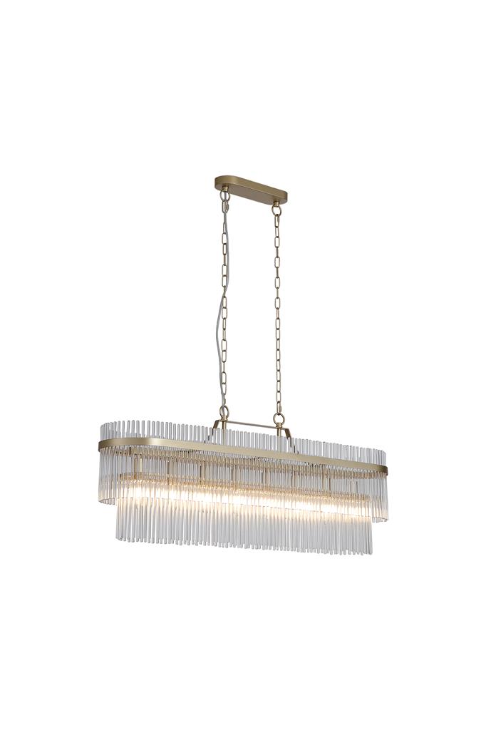 Lara 98cm Børstet guld krystal Fra Searchlight - Den ovale metalramme med en børstet guldfinish er udsmykket med klare glasstænger, der ligesom prismer fanger og reflekterer lyset og skaber et blødt og atmosfærisk lysbillede i rummet.