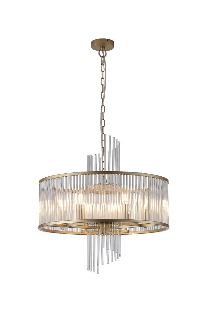 Lara Ø55 Børstet guld krystal Fra Searchlight - Den runde metalramme med børstet guldfinish er udsmykket med klare glasstænger, der ligesom prismer fanger og reflekterer lyset og skaber et blødt og atmosfærisk lysbillede i rummet.