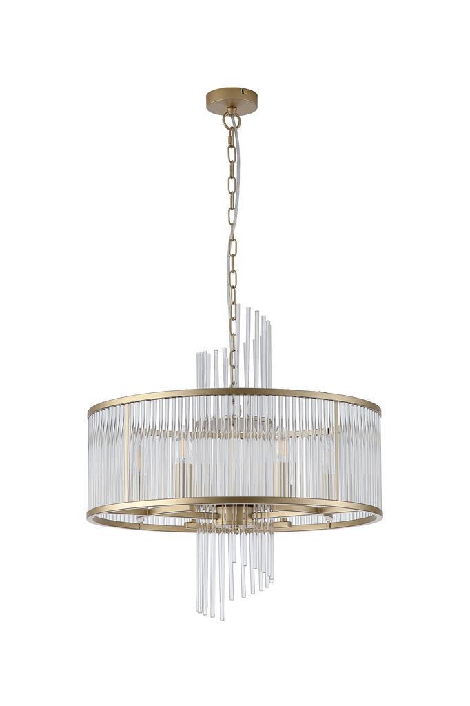 Lara Ø55 Børstet guld krystal Fra Searchlight - Den runde metalramme med børstet guldfinish er udsmykket med klare glasstænger, der ligesom prismer fanger og reflekterer lyset og skaber et blødt og atmosfærisk lysbillede i rummet.