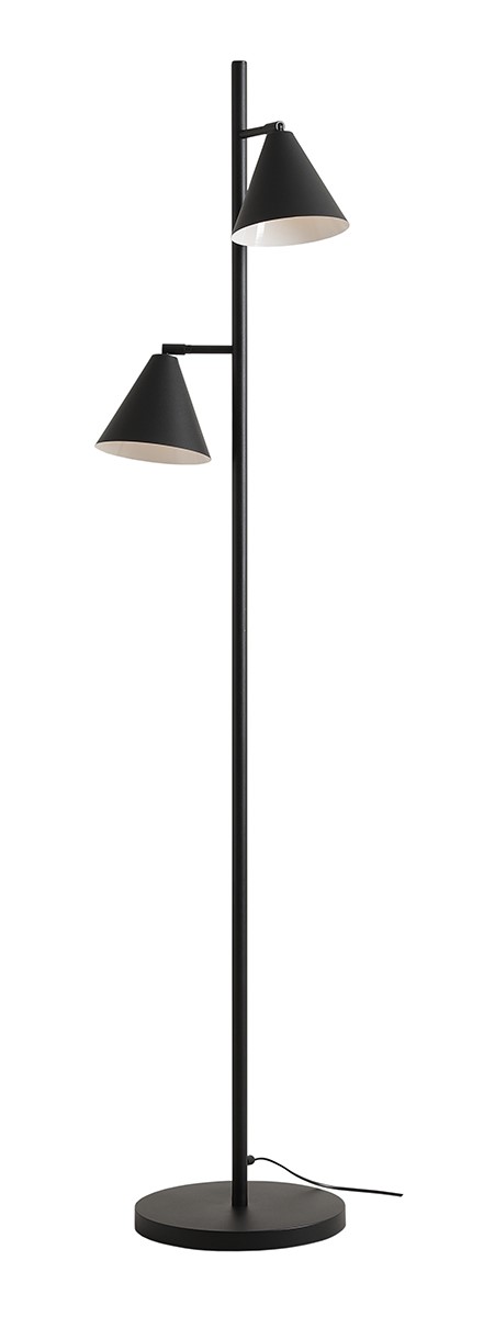 Form 2 Sort gulvlampe Fra Artera - Denne minimalistiske væglampe med sine elegante kegleformede skærme i sort metal er det perfekte valg til dig, der ønsker et stilrent og moderne udtryk i dit hjem.