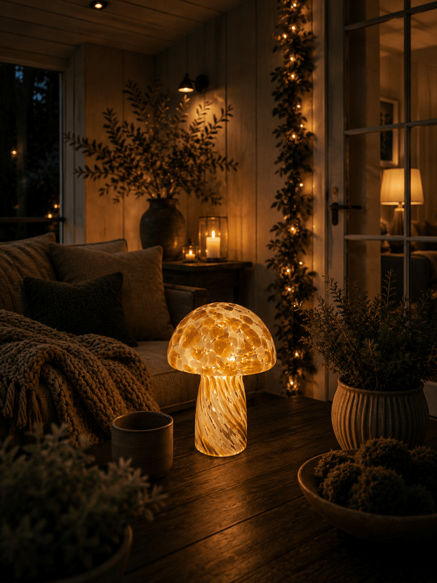 Svamp 35cm Brun bordlampe Fra Pixie Design - Svampelampen fra Pixie Design har et smukt design med en marmoreret overflade i brun og hvid.