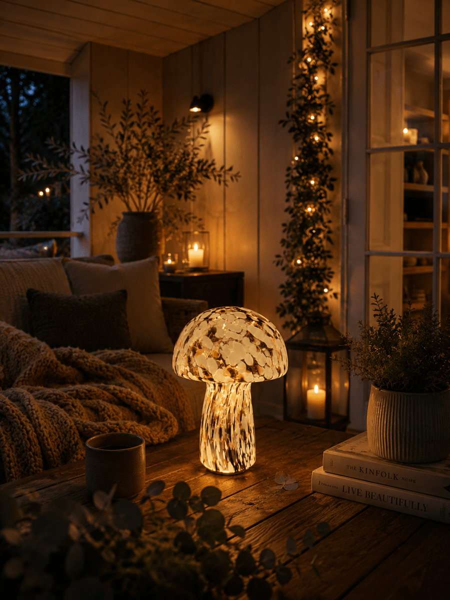 Svamp 35cm Sort bordlampe Fra Pixie Design - P&aring;svampelampen fra Pixie Design har et smukt design med en marmoreret overflade i sort og hvid.