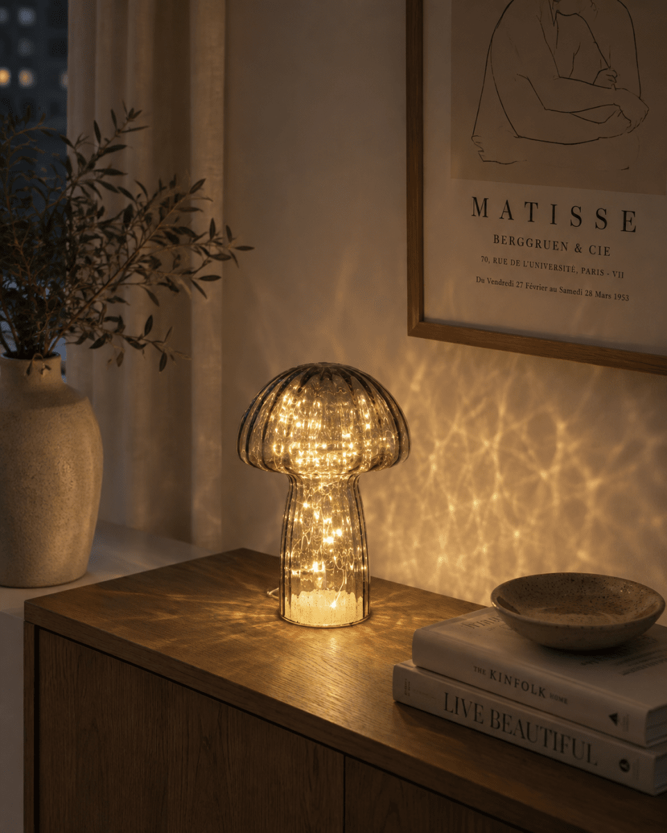 Svamp 23cm Grå bordlampe Fra Pixie Design - Den er udstyret med en timer og en praktisk 5-trins lysd&aelig;mper til at justere lyset efter behov, hvilket g&oslash;r den perfekt til b&aring;de arbejdsbelysning og hyggelig aftenbelysning.