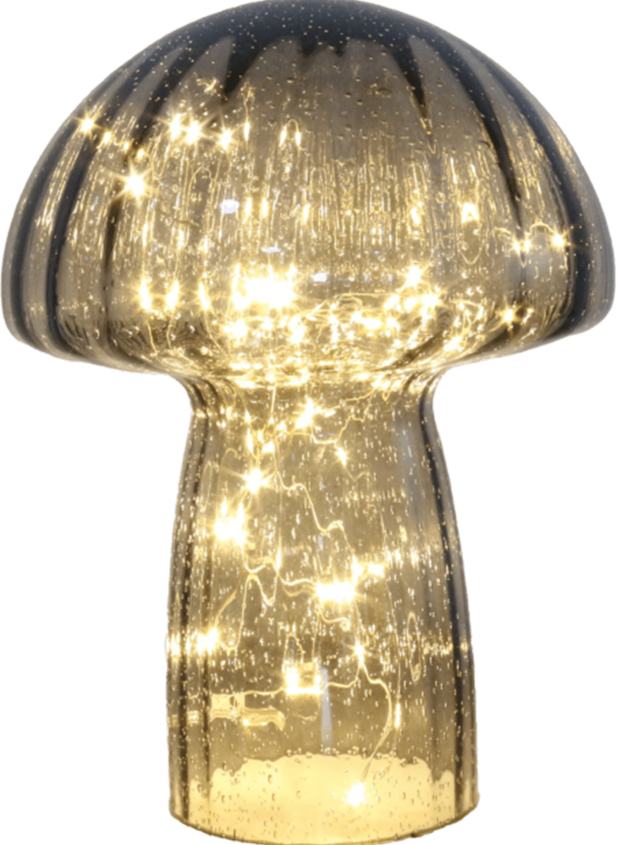 Svamp 23cm Grå bordlampe Fra Pixie Design - Den er udstyret med en timer og en praktisk 5-trins lysd&aelig;mper til at justere lyset efter behov, hvilket g&oslash;r den perfekt til b&aring;de arbejdsbelysning og hyggelig aftenbelysning.