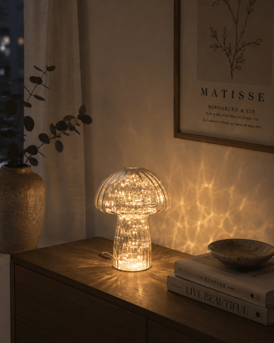 Svamp 23cm Blå bordlampe Fra Pixie Design - Den er udstyret med en timer og en praktisk 5-trins lysd&aelig;mper til at justere lyset efter behov, hvilket g&oslash;r den perfekt til b&aring;de arbejdsbelysning og hyggelig aftenbelysning.