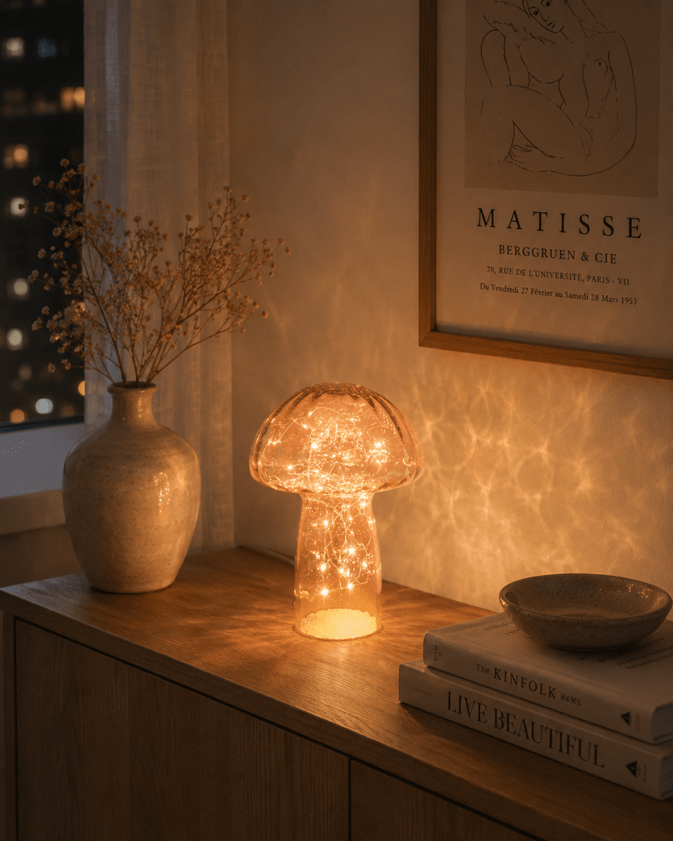 Svamp 23cm Lyserød bordlampe Fra Pixie Design - Den er udstyret med en timer og en praktisk 5-trins lysd&aelig;mper til at justere lyset efter behov, hvilket g&oslash;r den perfekt til b&aring;de arbejdsbelysning og hyggelig aftenbelysning.