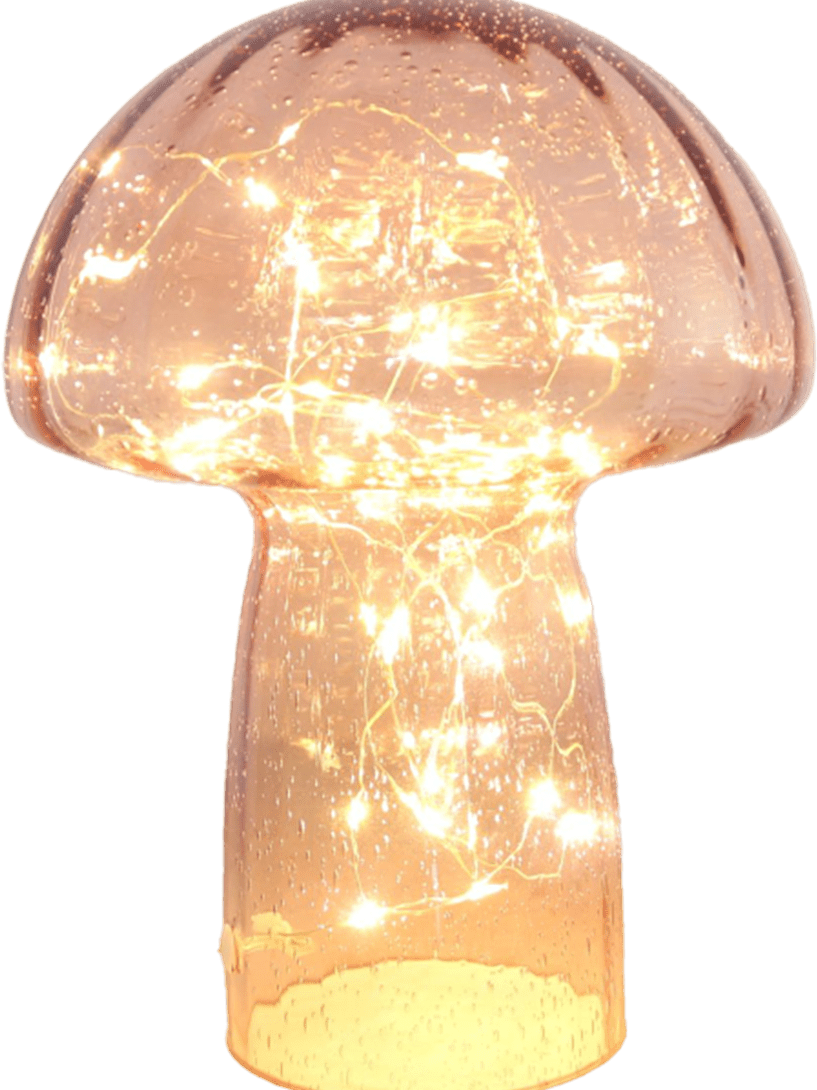 Svamp 23cm Lyserød bordlampe Fra Pixie Design - Den er udstyret med en timer og en praktisk 5-trins lysd&aelig;mper til at justere lyset efter behov, hvilket g&oslash;r den perfekt til b&aring;de arbejdsbelysning og hyggelig aftenbelysning.