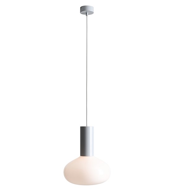 Zoom billede af Flo Ø26 Grå loftslampe Fra Artera - Den har en stilfuld ramme i gr&aring; og en rund hvid glassk&aelig;rm, der spreder et bl&oslash;dt og behageligt lys.