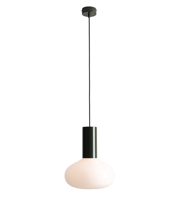 Zoom billede af Flo Ø26 Mørkegrøn loftslampe Fra Artera - Den har en stilfuld ramme i m&oslash;rkegr&oslash;n og en rund hvid glassk&aelig;rm, der spreder et bl&oslash;dt og behageligt lys.