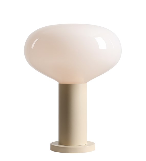 Zoom billede af Flo 33cm Cremet hvid bordlampe Fra Artera - Den har en stilfuld ramme i cremehvid og en rund hvid glassk&aelig;rm, der spreder et bl&oslash;dt og behageligt lys.