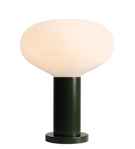 Zoom billede af Flo 33cm Mørkegrøn bordlampe Fra Artera - Den har en stilfuld ramme i m&oslash;rkegr&oslash;n og en rund hvid glassk&aelig;rm, der spreder et bl&oslash;dt og behageligt lys.