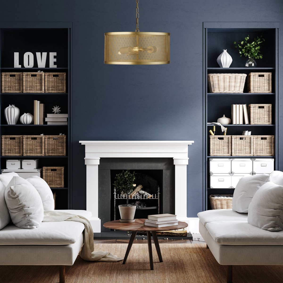 Fishnet Ø45 Mat guld loftslampe Fra Searchlight - Denne imponerende Fishnet pendel i mat guld omslutter tre lyskilder i et smukt og dekorativt guldfarvet netbur.