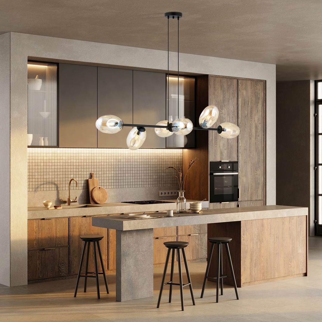 Pandora 120cm Rav loftslampe Fra Emibig Lighting - Det moderne design er kendetegnet ved unikt formede sk&aelig;rme &ndash; elegant og str&oslash;mlinet &ndash; som tilf&oslash;jer b&aring;de charme og personlighed til rummet.