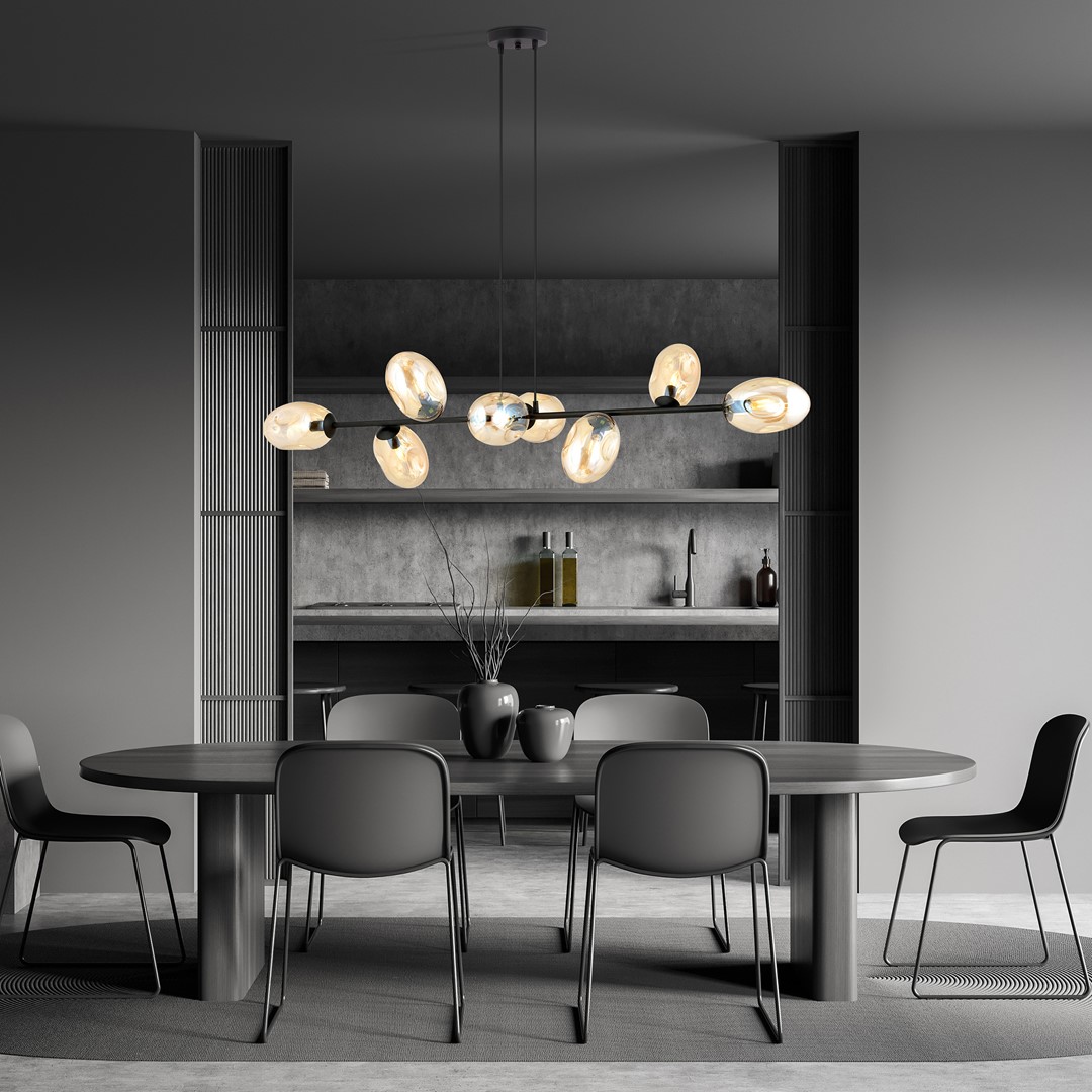 Pandora 140cm Rav loftslampe Fra Emibig Lighting - Det moderne design er kendetegnet ved unikt formede sk&aelig;rme &ndash; elegant og str&oslash;mlinet &ndash; som tilf&oslash;jer b&aring;de charme og personlighed til rummet.