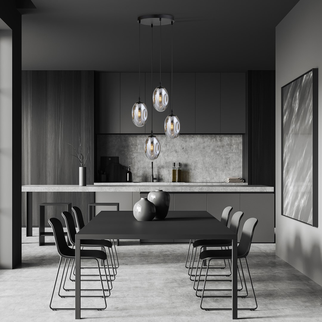 Astral Ø40 Røgfarvet loftslampe Fra Emibig Lighting - Pendlerne er afsluttet med skærme af røget glas, der spreder et varmt og indbydende lys i rummet.