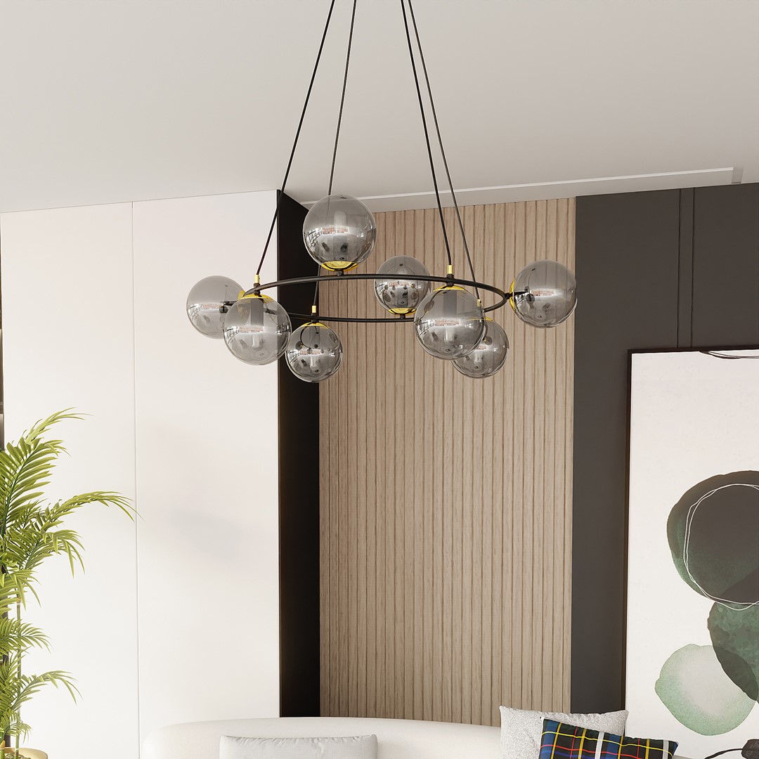 Azura Ø75 Røgfarvet loftslampe Fra Emibig Lighting - Fremstillet af sort st&aring;l og suppleret med r&oslash;gede glassk&aelig;rme, skaber det et harmonisk og stilfuldt indtryk.