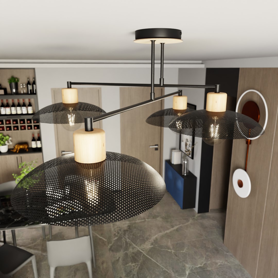 Kobe 100cm Sort plafond Fra Emibig Lighting - Industriel pendel med metalhuse er kombineret med træelementer, hvilket skaber unik belysning, der giver karakter til ethvert rum.