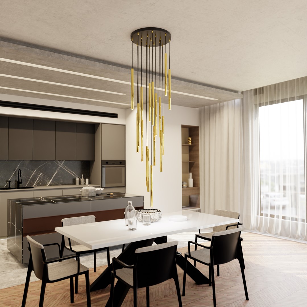Selter Ø45 Guld loftslampe Fra Emibig Lighting - De guldfarvede r&oslash;r, der udg&oslash;r lampens krop, giver den en unik shimmer og en elegant f&oslash;lelse.