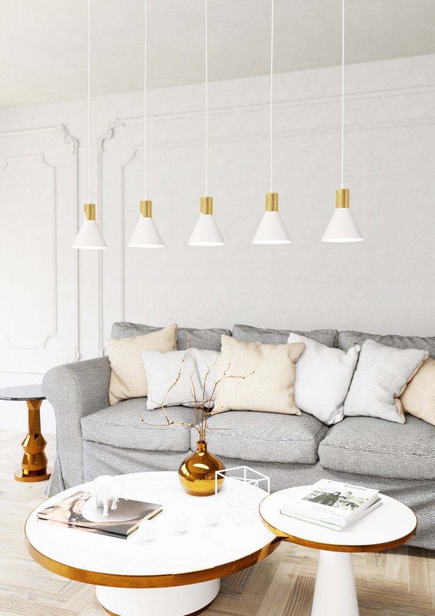 Rosa 116cm Hvid loftslampe Fra Emibig Lighting - Perfekt til stuer, spisepladser eller k&oslash;kkener &ndash; Pink skaber en unik atmosf&aelig;re i rummet ved at kombinere metallets r&aring;hed med den subtile elegance af en gylden accent.