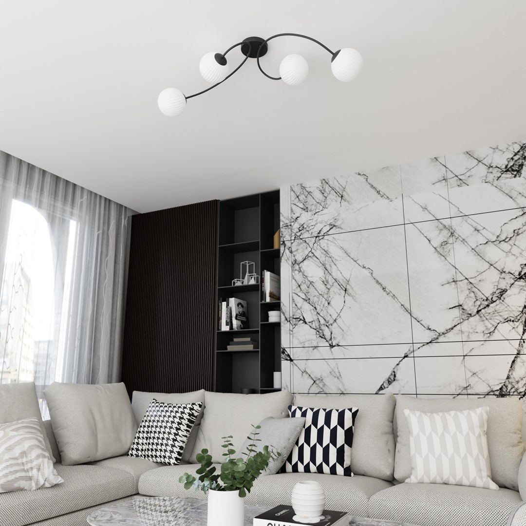 Vibra 110cm Hvid plafond Fra Emibig Lighting - De opalglaskupler spreder et bl&oslash;dt og diffust lys, der tilf&oslash;jer lethed og en moderne f&oslash;lelse til rummet.