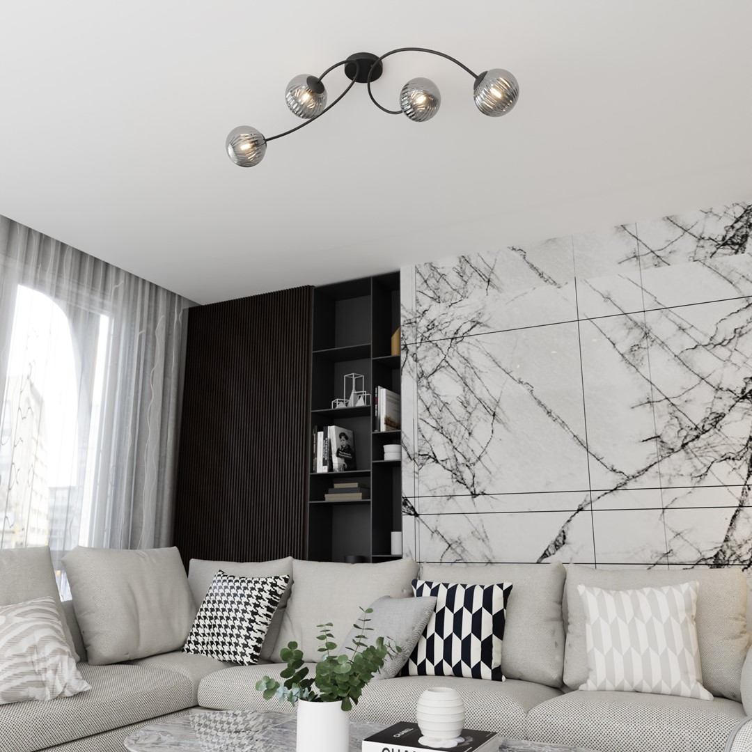 Vibra 110cm Røgfarvet plafond Fra Emibig Lighting - De r&oslash;gede glassk&aelig;rme spreder et bl&oslash;dt og diffust lys, der tilf&oslash;jer lethed og en moderne f&oslash;lelse til rummet.