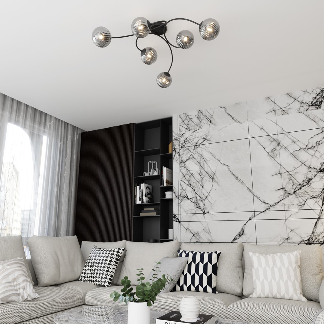 Vibra 97cm Røgfarvet plafond Fra Emibig Lighting - De r&oslash;gede glassk&aelig;rme spreder et bl&oslash;dt og diffust lys, der tilf&oslash;jer lethed og en moderne f&oslash;lelse til rummet.