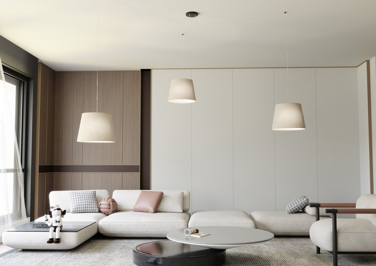 Ascot 3xØ38 Beige loftslampe Fra Emibig Lighting - De tekstilbekl&aelig;dte nuancer i en bl&oslash;d, afd&aelig;mpet farve spreder et behageligt og diffust lys, der skaber en varm atmosf&aelig;re i rummet.