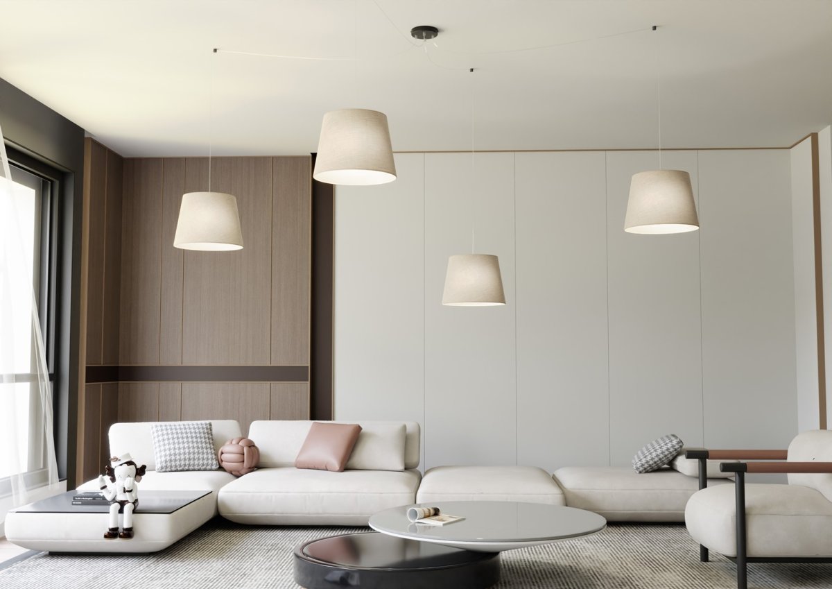 Ascot 4xØ38 Beige loftslampe Fra Emibig Lighting - De tekstilbekl&aelig;dte nuancer i en bl&oslash;d, afd&aelig;mpet farve spreder et behageligt og diffust lys, der skaber en varm atmosf&aelig;re i rummet.