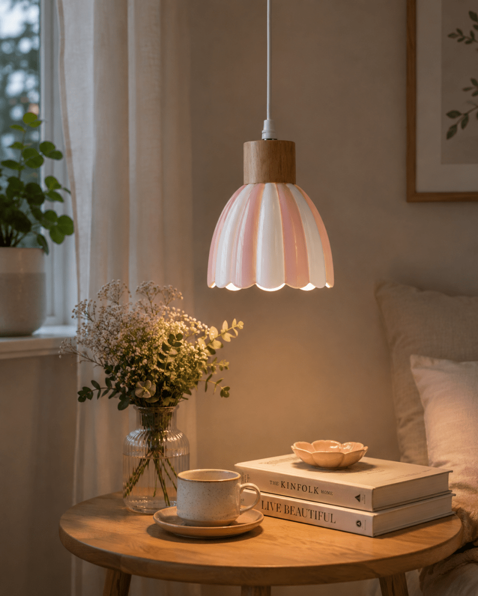 Poppy Ø15 Lyserød/hvid vindueslampe Fra Pixie Design - Poppy er en charmerende vindueslampe i keramik med en bl&oslash;dt afrundet form og dekorative tr&aelig;detaljer, der giver et naturligt pr&aelig;g.