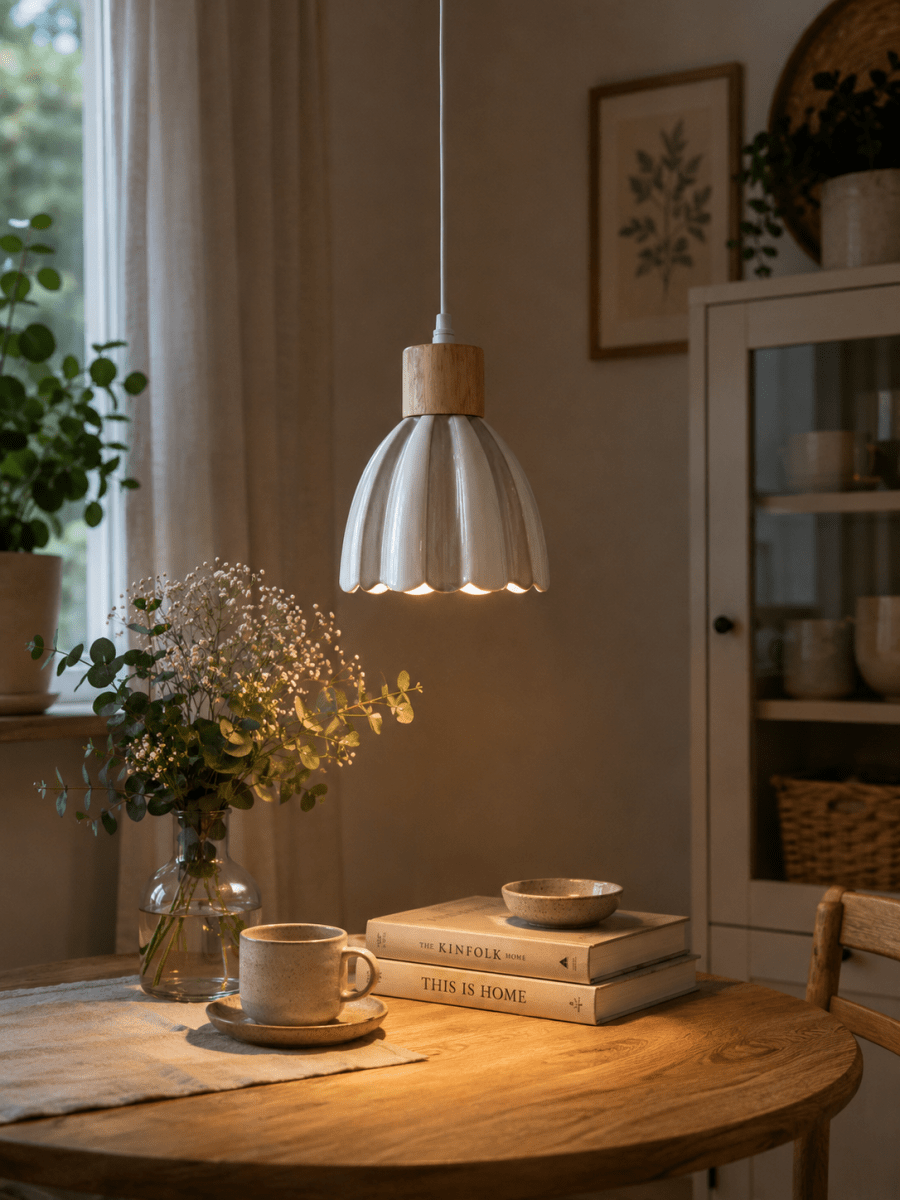 Poppy Ø15 Hvid/beige vindueslampe Fra Pixie Design - Poppy er en charmerende keramisk vindueslampe med en bl&oslash;dt afrundet form og dekorative tr&aelig;detaljer, der tilf&oslash;jer et naturligt pr&aelig;g.