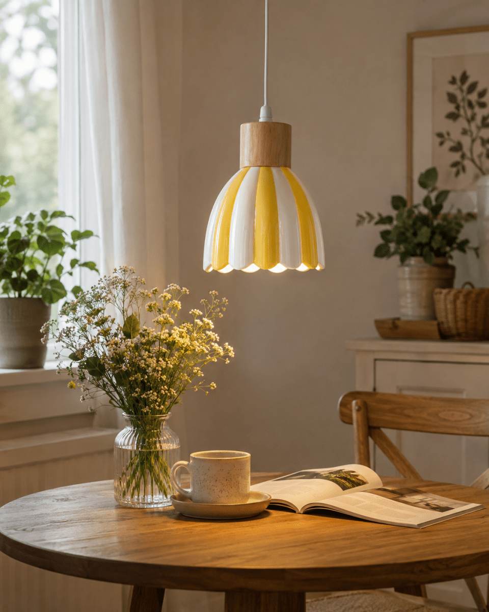 Poppy Ø15 Gul/hvid vindueslampe Fra Pixie Design - Poppy er en charmerende vindueslampe i keramik med en bl&oslash;dt afrundet form og dekorative tr&aelig;detaljer, der tilf&oslash;jer et naturligt pr&aelig;g.