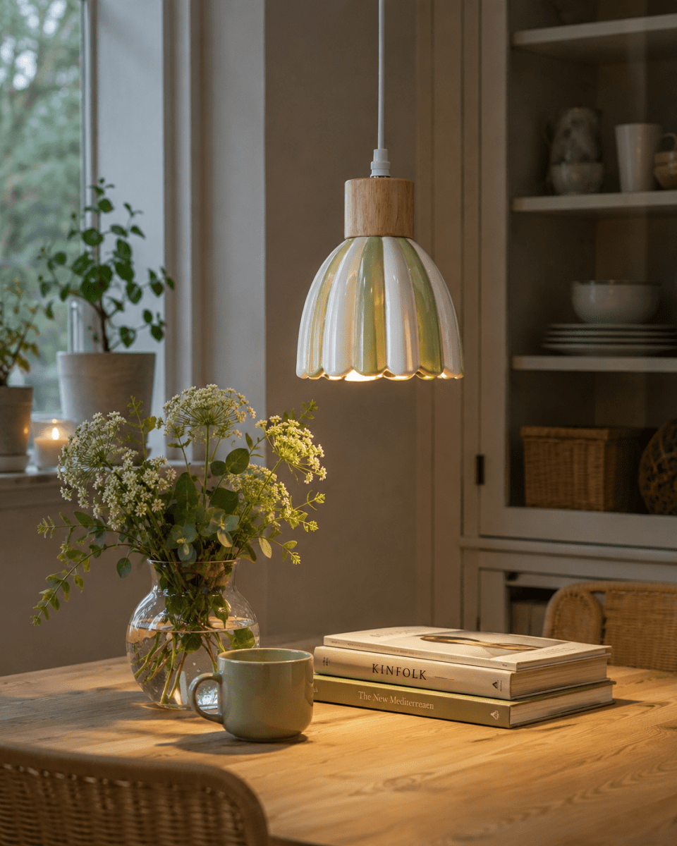Poppy Ø15 Grøn/hvid vindueslampe Fra Pixie Design - Poppy er en charmerende keramisk vindueslampe med en bl&oslash;dt afrundet form og dekorative tr&aelig;detaljer, der giver et naturligt pr&aelig;g.