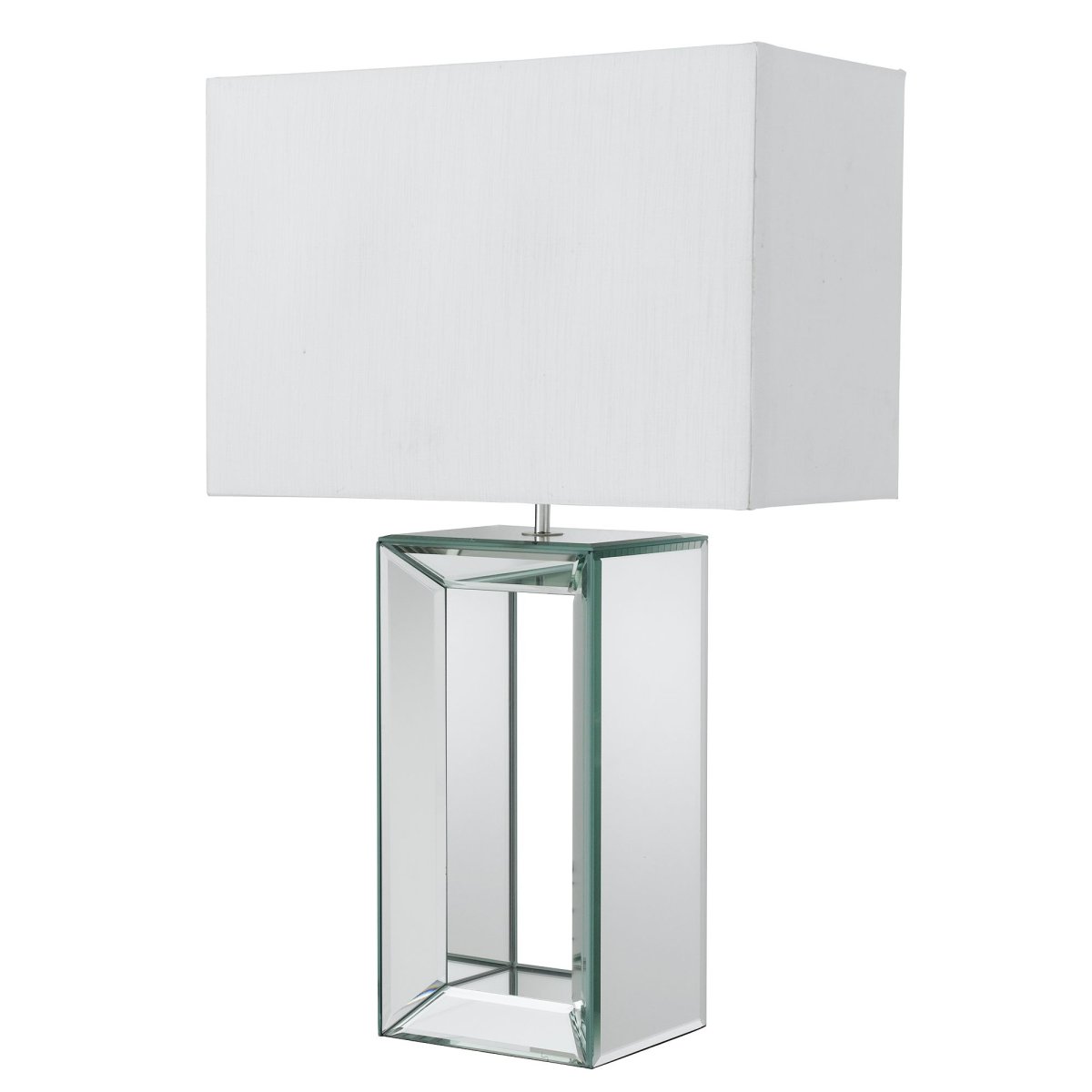 Mirror 58cm Hvid bordlampe Fra Searchlight - Denne høje bordlampe har en slående solid spejlfod og er kombineret med en rektangulær hvid skærm i falsk silke.