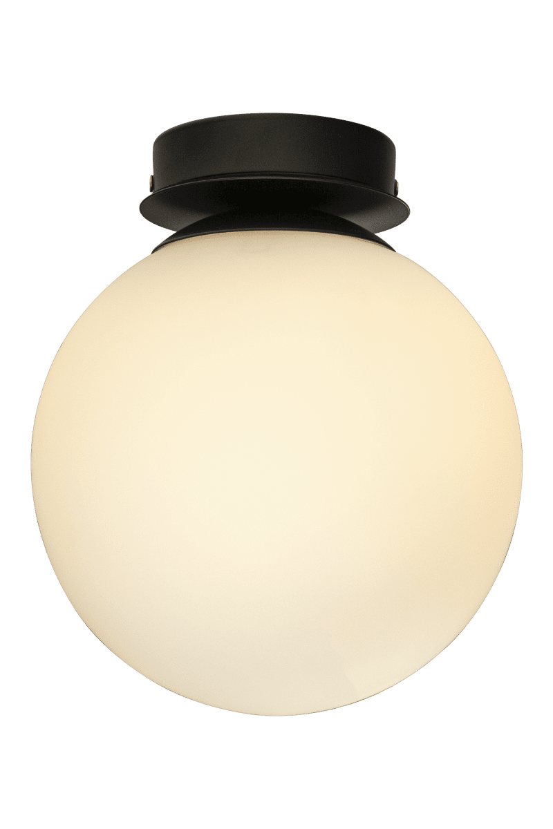Lido Ø20 Sort badeværelseslampe Fra Aneta Lighting - Den matsorte metalramme er kombineret med en rund opalglasskærm, der spreder et blødt og behageligt lys.