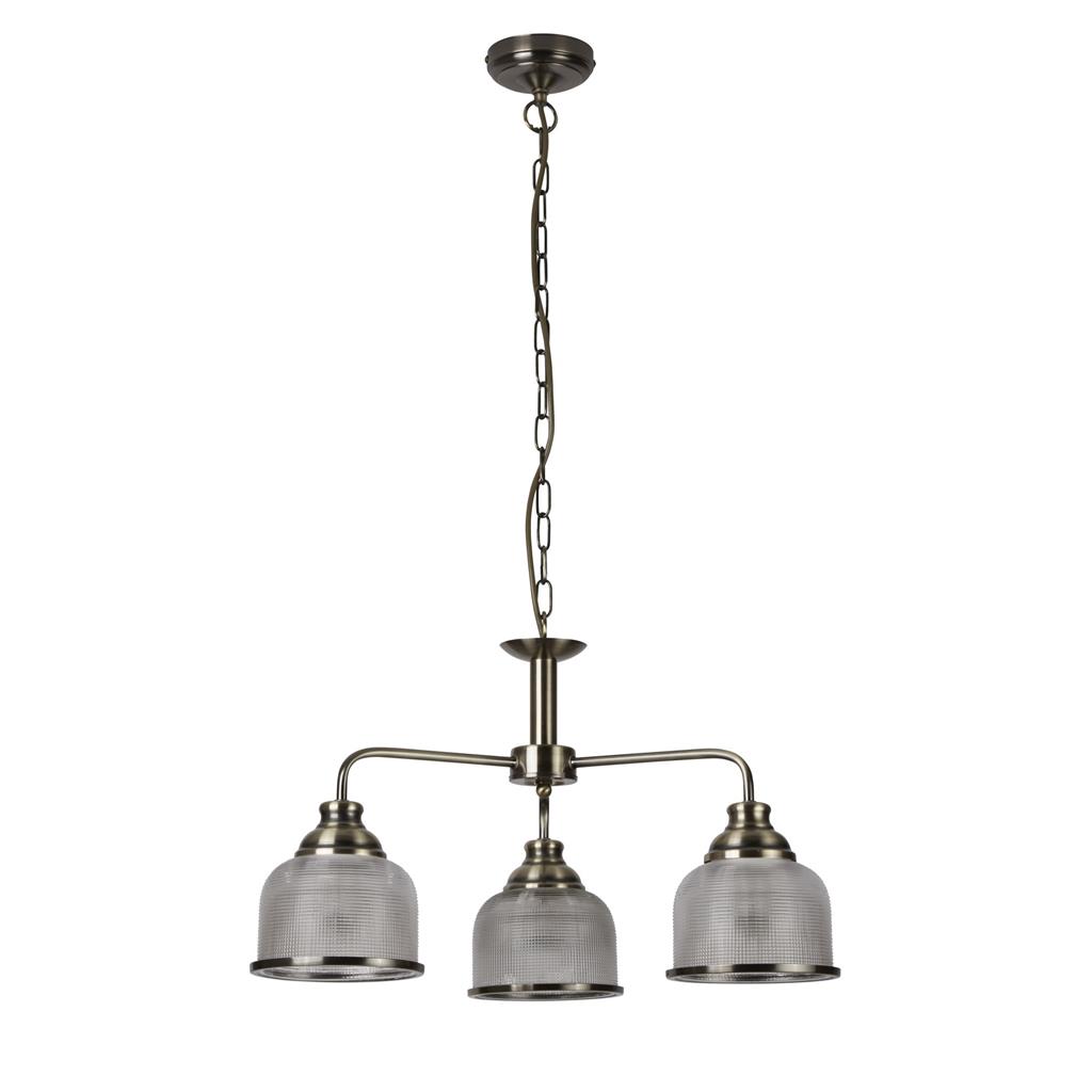 Bistro Ø56 Antik messing loftslampe Fra Searchlight - Med sine tre ribbede glasskærme i klassisk holofane-stil og antik messingfarvede detaljer kombinerer den det bedste fra tradition og modernitet.