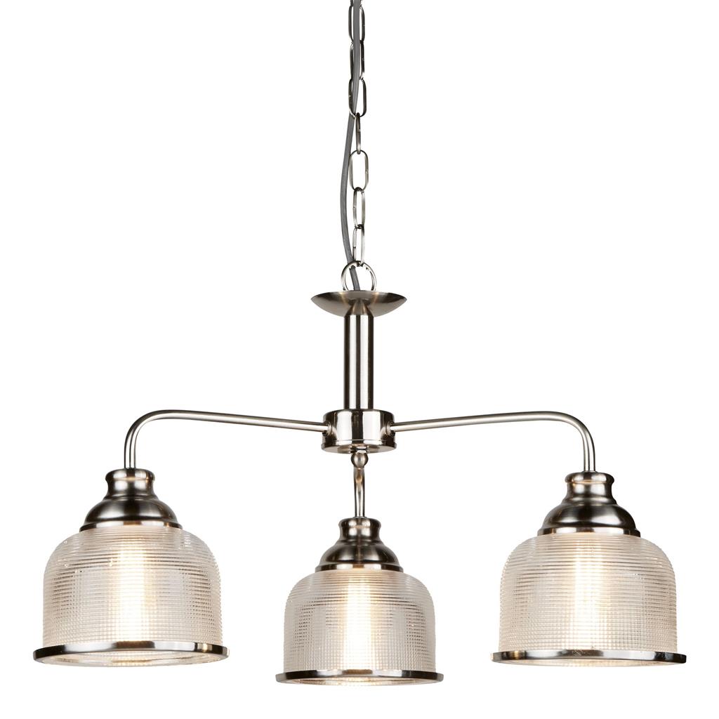 Bistro Ø56 Sølv loftslampe Fra Searchlight - De tre skærme i matteret, riflet glas i holofane-stil giver en jævn og behagelig lysspredning, samtidig med at de skaber et levende lysspil.