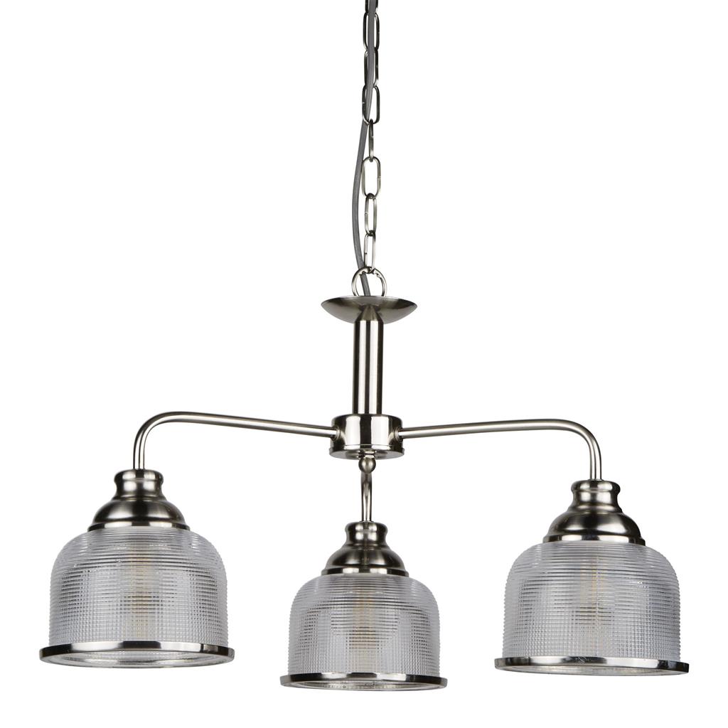 Bistro Ø56 Sølv loftslampe Fra Searchlight - De tre skærme i matteret, riflet glas i holofane-stil giver en jævn og behagelig lysspredning, samtidig med at de skaber et levende lysspil.