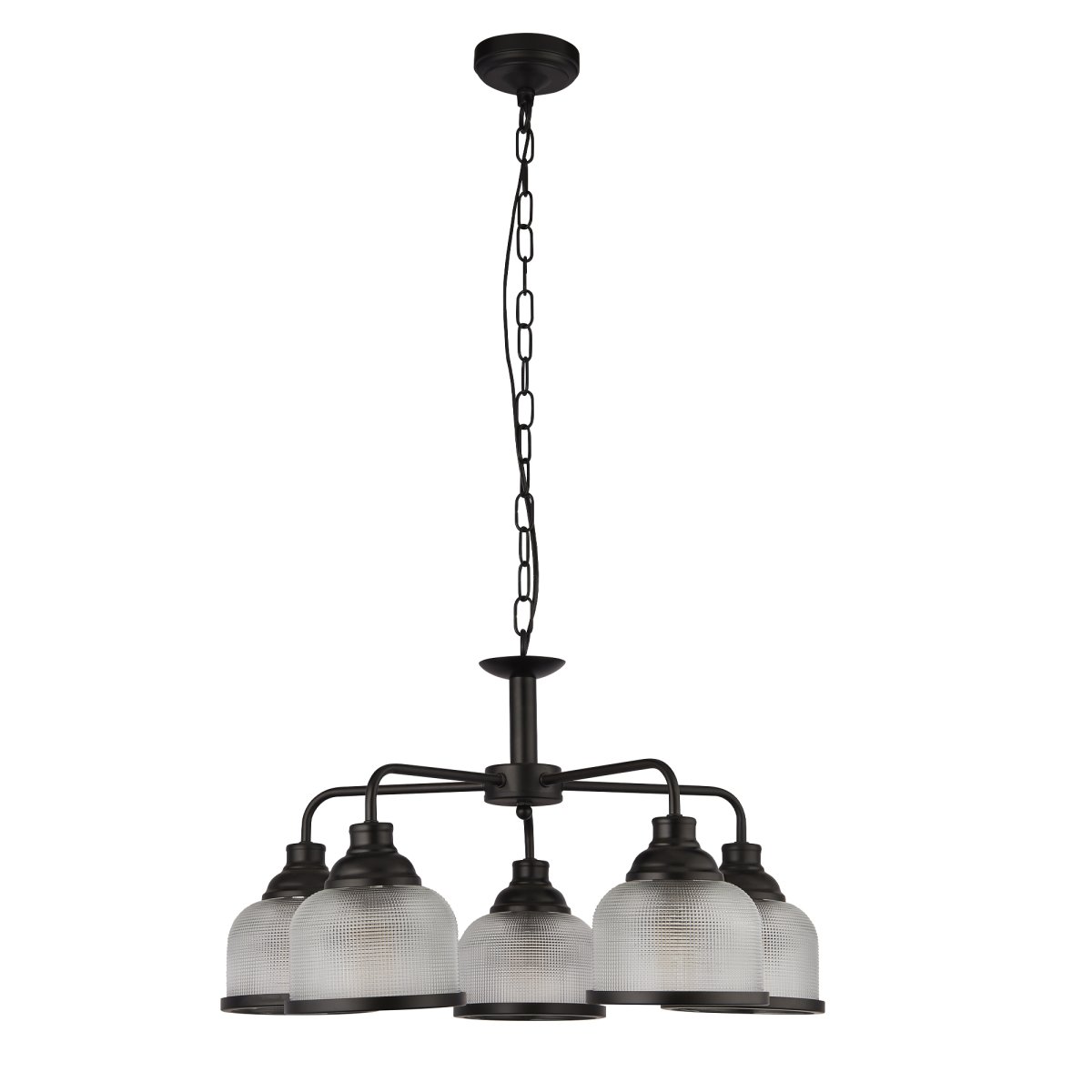 Highworth Ø58 Sort loftslampe Fra Searchlight - De fem skærme i matteret, riflet glas i holofan-stil giver en jævn og behagelig lysspredning, samtidig med at de skaber et levende lysspil.