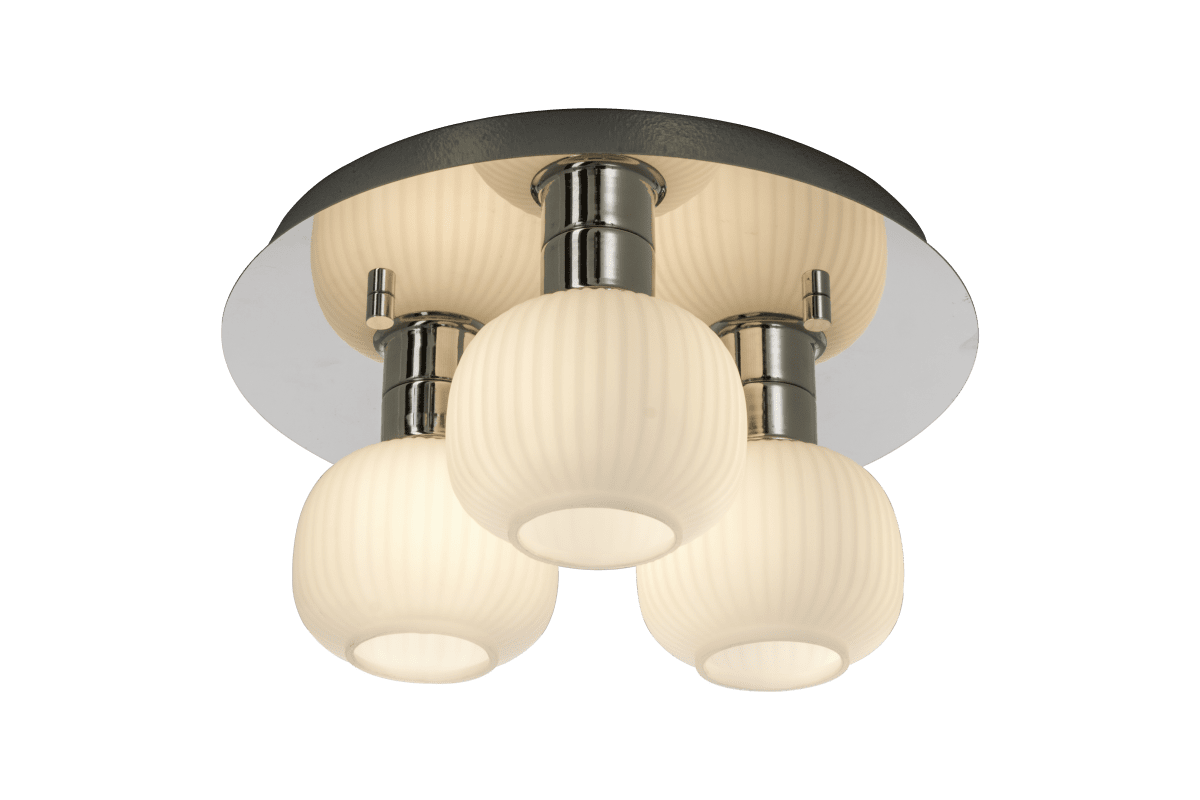 Messina Ø28 Chrom badeværelseslampe Fra Aneta Lighting - Messina plafond i krom med 3 opalhvide riflede glaskupler.