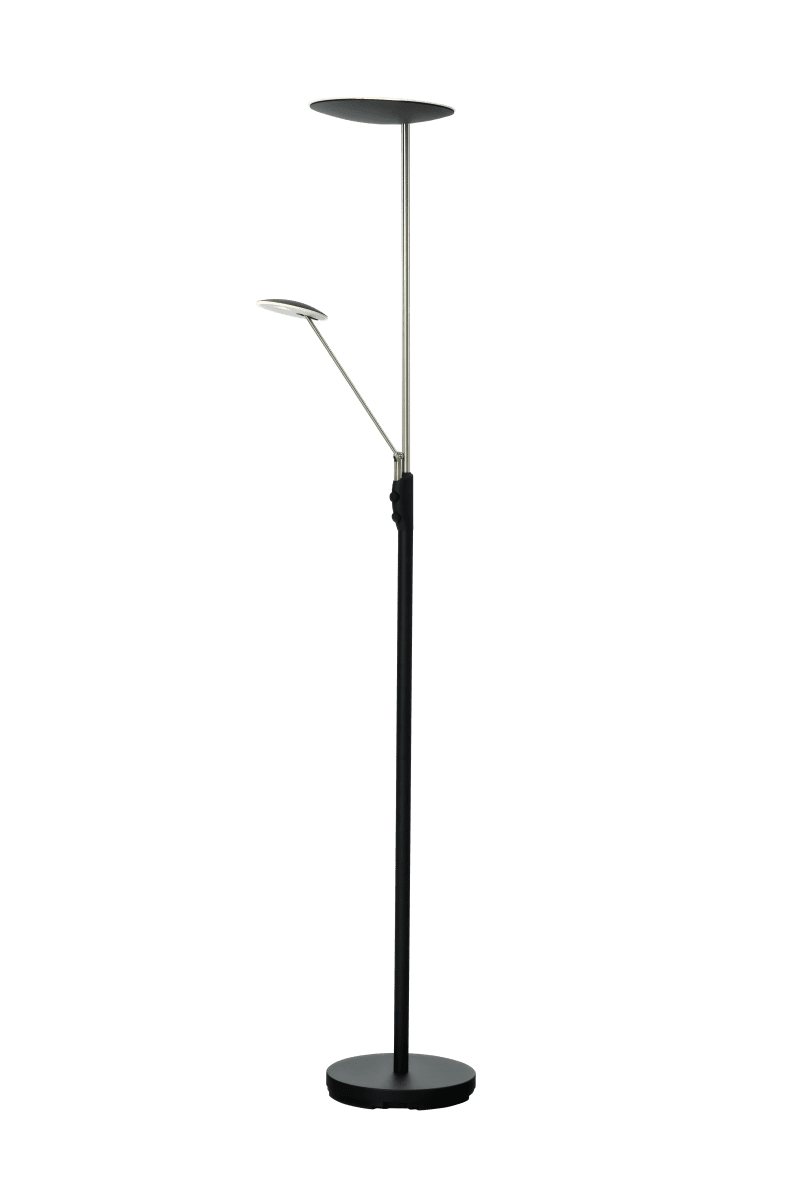 Cadiz Sort/stål gulvlampe Fra Aneta Lighting - Lyset tændes og slukkes med to lysdæmpere på lampen, en der regulerer lyset i toppen og en til læsearmen der også kan justeres.
