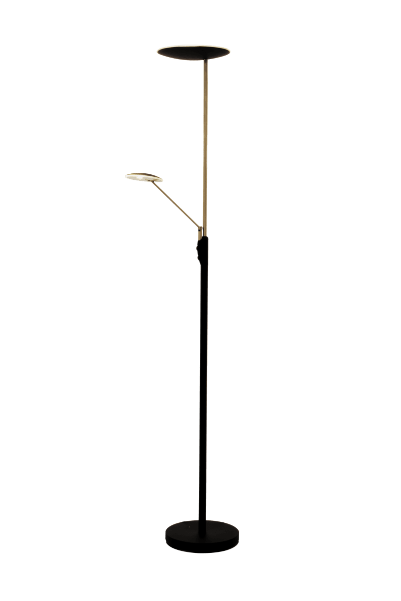 Cadiz Sort/messing gulvlampe Fra Aneta Lighting - Lyset tændes og slukkes med to lysdæmpere på lampen, en der regulerer lyset i toppen og en til læsearmen der også kan justeres.