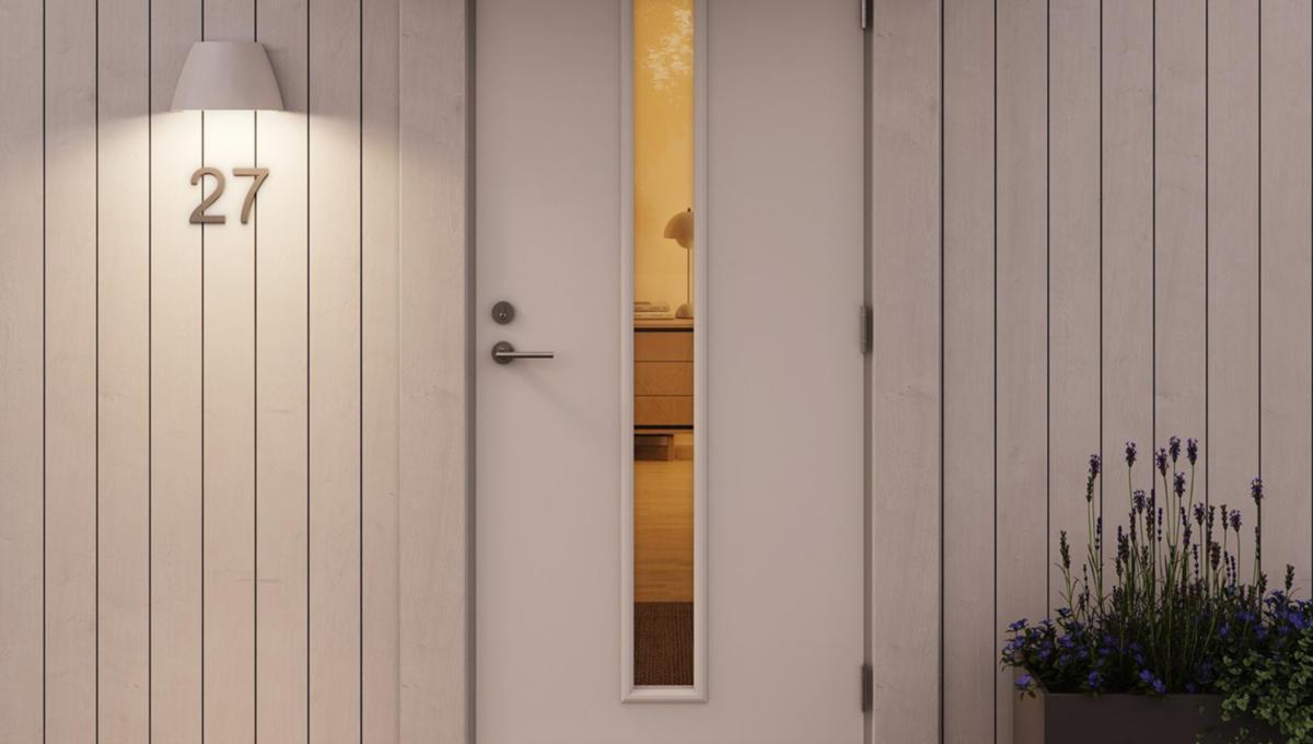 Væglampe OUT-02 Hvid Fra Plejd - OUT-02 er en smart v&aelig;glampe til udend&oslash;rs brug med justerbar hvid og indbygget LED, designet til f.