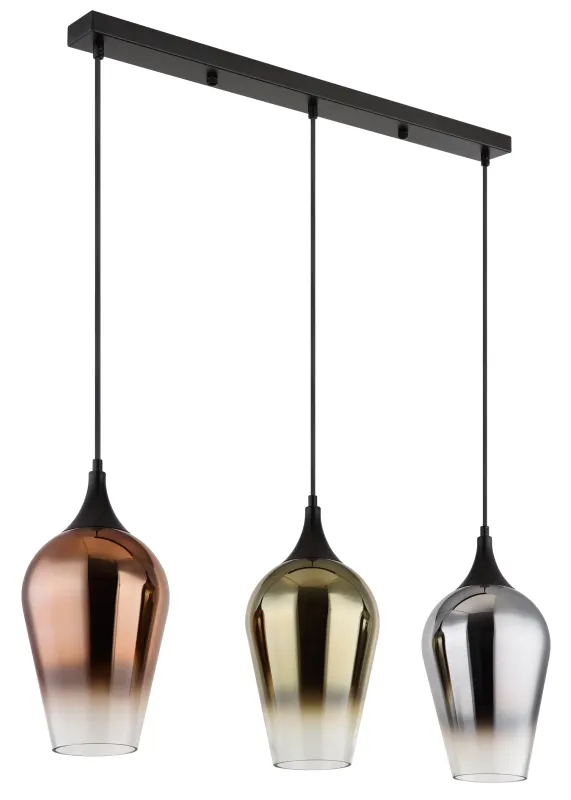 Lavus 83cm Sort loftslampe Fra Globo Lighting - Lavus &auml;r en elegant taklampa med tre dekorativa glaskupor i koppar-, guld- och kromfinish, vilket ger lampan en modern och stilfull karakt&auml;r.