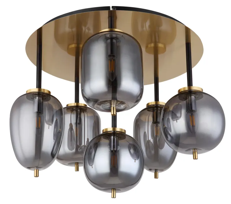 Blacky Ø63 Messing plafond Fra Globo Lighting - Lampan &auml;r utrustad med 6st r&ouml;kf&auml;rgade glaskupor i olika former, som h&auml;nger fr&aring;n taket p&aring; mattsvarta st&auml;nger f&auml;sta vid en m&auml;ssingsf&auml;rgad bas.