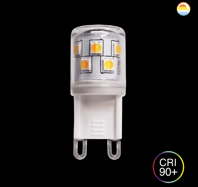 LED G9 MINI 2,5W 2200-3000K dim to warm Fra Unison - LED G9 MINI 2,5W 2200-3000K dæmp til varmUnisons nye G9s dæmper til varm dæmpes med en dæmper for at justere farvetemperaturen fra 2200-3000K.