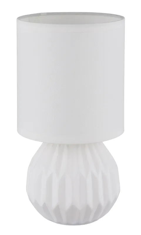 Sylas 23cm Hvid bordlampe Fra Globo Lighting - Den rundade keramiska basen i elegant vitt och den matchande cylindriska textilsk&auml;rmen skapar en harmonisk och modern estetik.