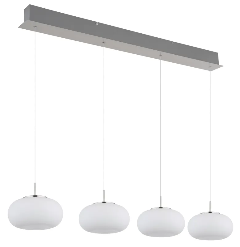 Quintara 110cm Nikkel loftslampe Fra Globo Lighting - Quintara&nbsp;&auml;r en stilren och modern takpendel med en rak metallram och fyra runda, sf&auml;riska glaskupor.
