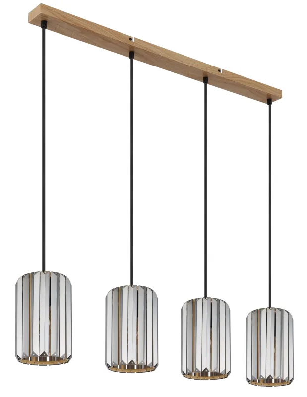 Run 88cm Røgfarvet loftslampe Fra Globo Lighting - Kombinationen av metall i tr&auml;utseende och de fyra sk&auml;rmarna med r&ouml;kf&auml;rgade K5-kristaller ger en harmonisk ljusspridning och en sofistikerad k&auml;nsla.
