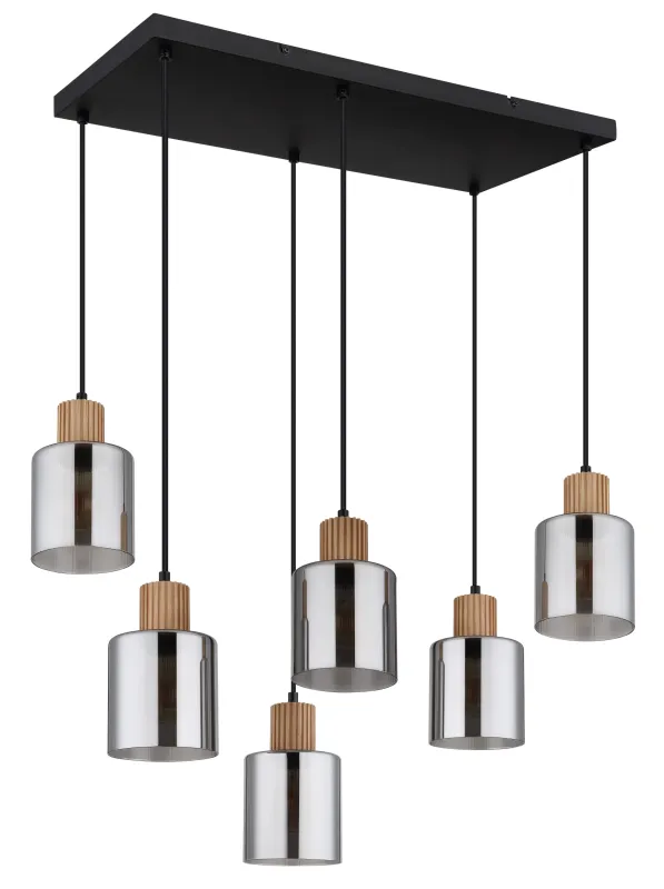 Aleidis 67cm Røgfarvet loftslampe Fra Globo Lighting - Sex dekorativa glaskupor med tr&auml;detaljer h&auml;nger fr&aring;n en mattsvart metallstomme, vilket skapar en harmonisk balans mellan modern och rustik estetik.